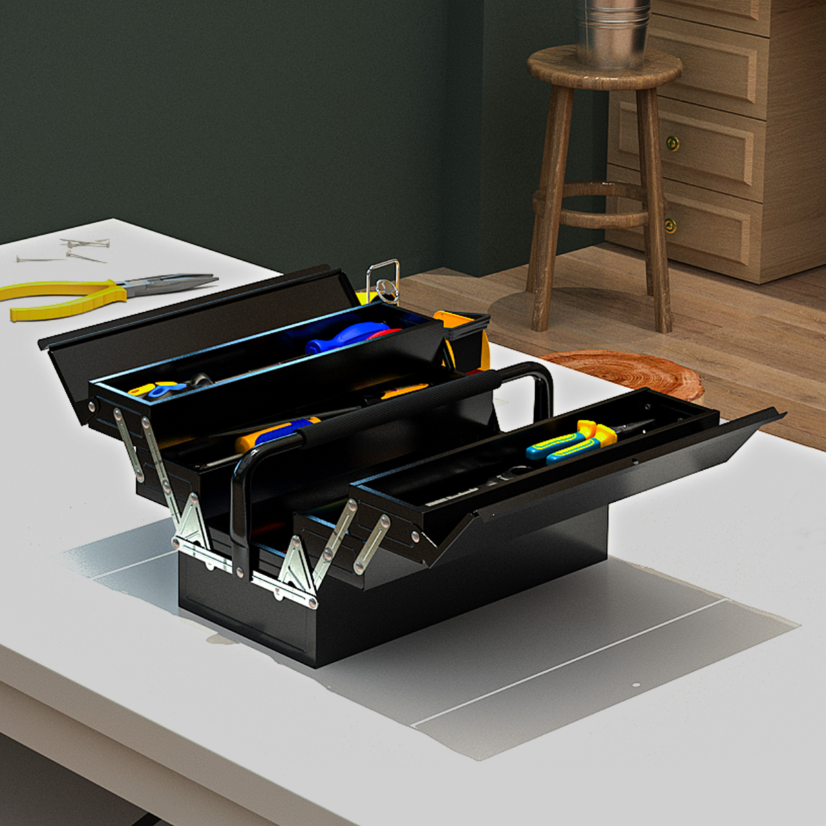 Folding Tool Box with 5 Collapsible Trays – Rust-Resistant Steel Organiser for Home and Workshop, Black
