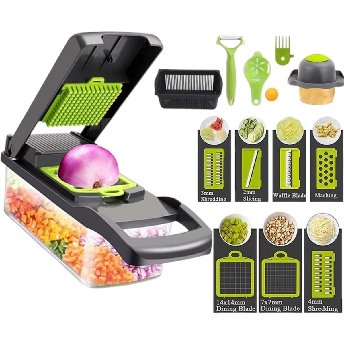 16 in 1 Vegetable Chopper with 1.5L Container, Drain Basket and Lid – Mandoline Slicer, Dicer and Peeler