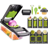 16 in 1 Vegetable Chopper with 1.5L Container, Drain Basket and Lid – Mandoline Slicer, Dicer and Peeler
