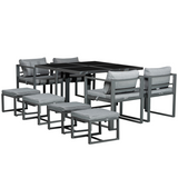 Outsunny 9-Piece Aluminium Patio Dining Set with Tempered Glass Table, 4 Chairs & 4 Ottomans – Garden Furniture, Dark Grey