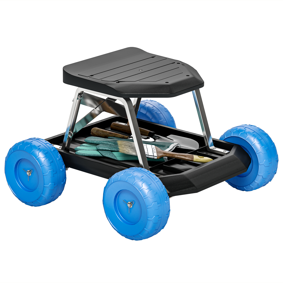 Outsunny Garden Cart with Seat, Tool Tray and Wheels – Comfortable Kneeler for Weeding and Planting, Blue