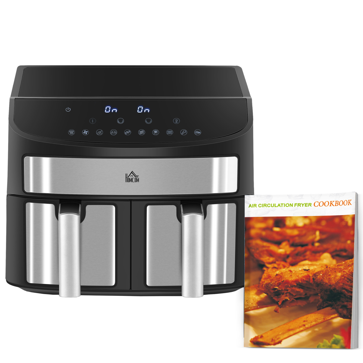 HOMCOM 8L Dual Basket 10-in-1 Air Fryer with Sync Cook and Sync Finish, 2400W – Oil-Free Cooking