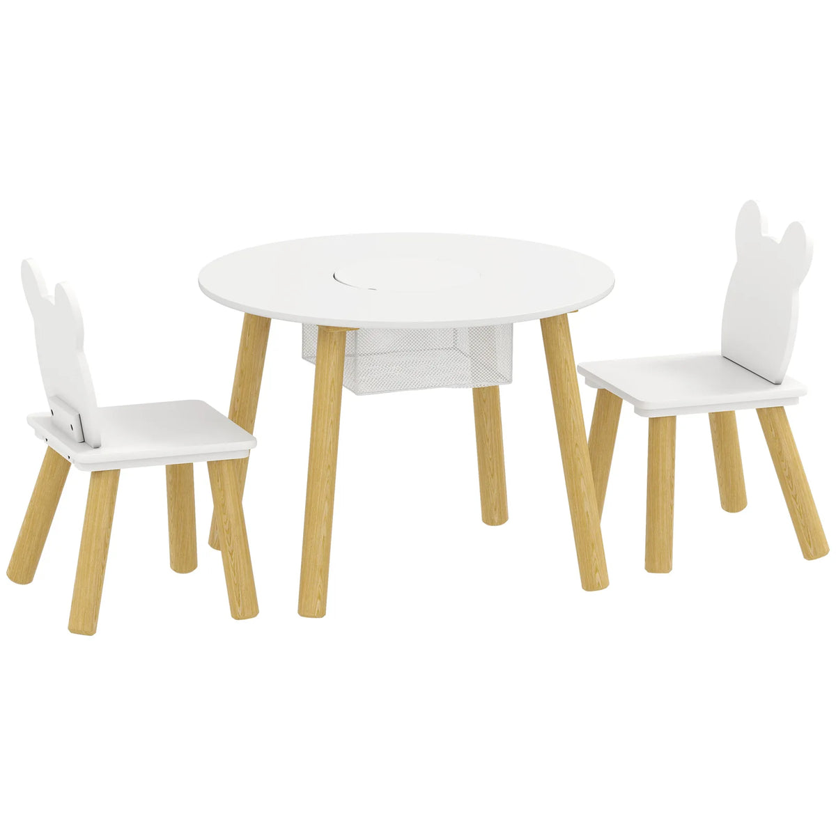 AIYAPLAY 3-Piece Kids Activity Table and Chairs Set with Storage Mesh Bag, Bear Backrests – White