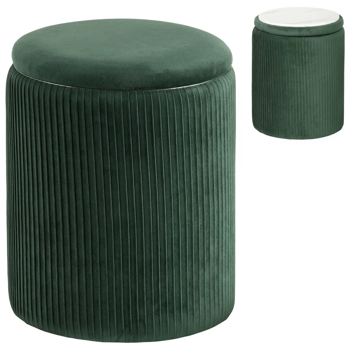 HOMCOM Velvet Round Storage Ottoman with Flip Lid & Marble-Effect Top – 45cm Footstool, Dark Green