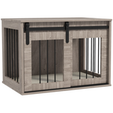 PawHut Dog Crate Furniture with Removable Cushion and Sliding Barn Door, Side Table for Medium Dogs – Brown
