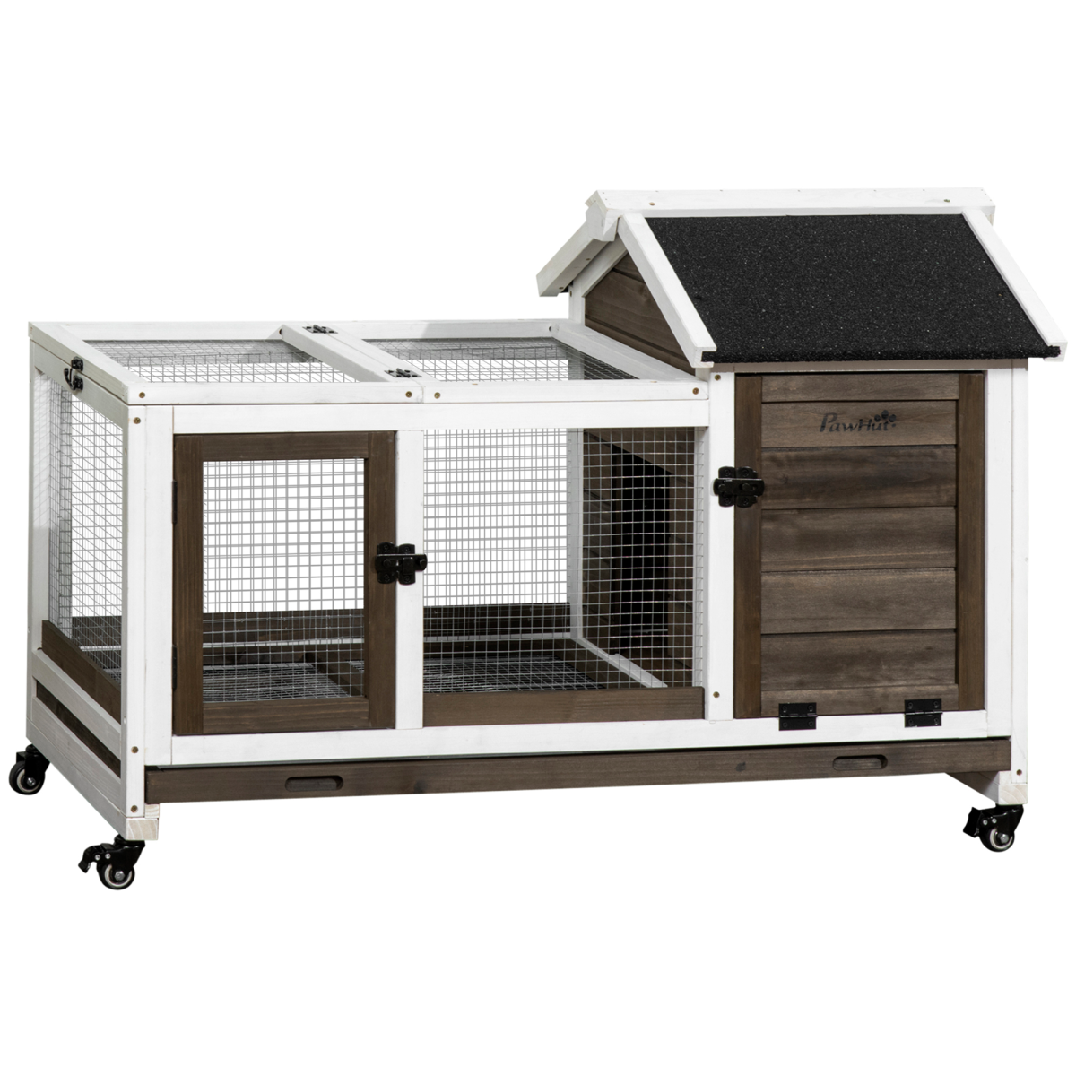 PawHut Wooden Rabbit Hutch with Slide-out Tray, Wheels, House & Run – Indoor & Outdoor Small Pet Cage