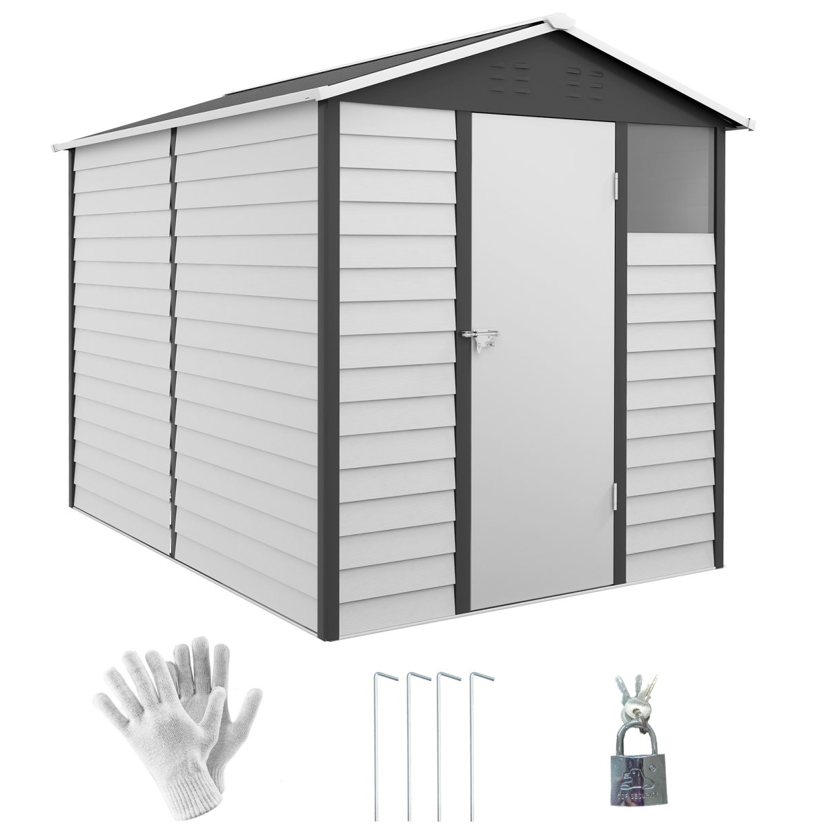 Outsunny 9 x 6ft Galvanised Metal Garden Shed with Lockable Door and Window – Tool Storage, Grey and White