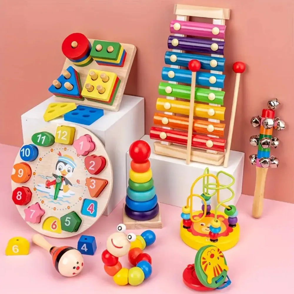 9-in-1 Wooden Musical Toy Set with Rattle, Bells & Drum – Sensory Early Education Instruments for Toddlers