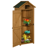 Brown wooden garden utility shed with three shelves