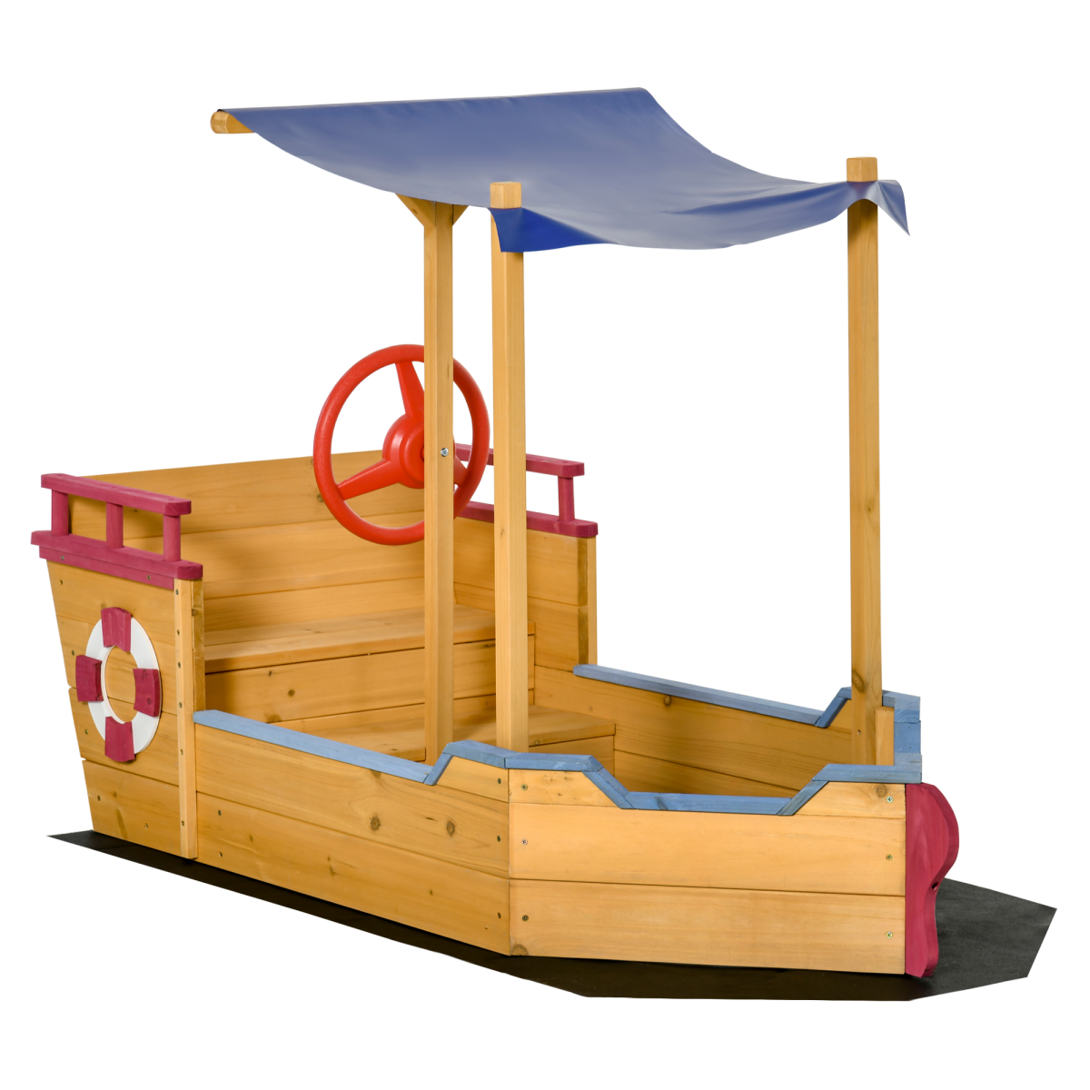 Kids Wooden Pirate Boat Sandpit with Canopy Shade and Storage Bench – Outdoor Sandbox