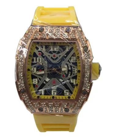 Longbo Gents Quartz Skeleton Watch with Clear Dial and Yellow Rubber Strap – Rose Bling Fashion Wrist Watch