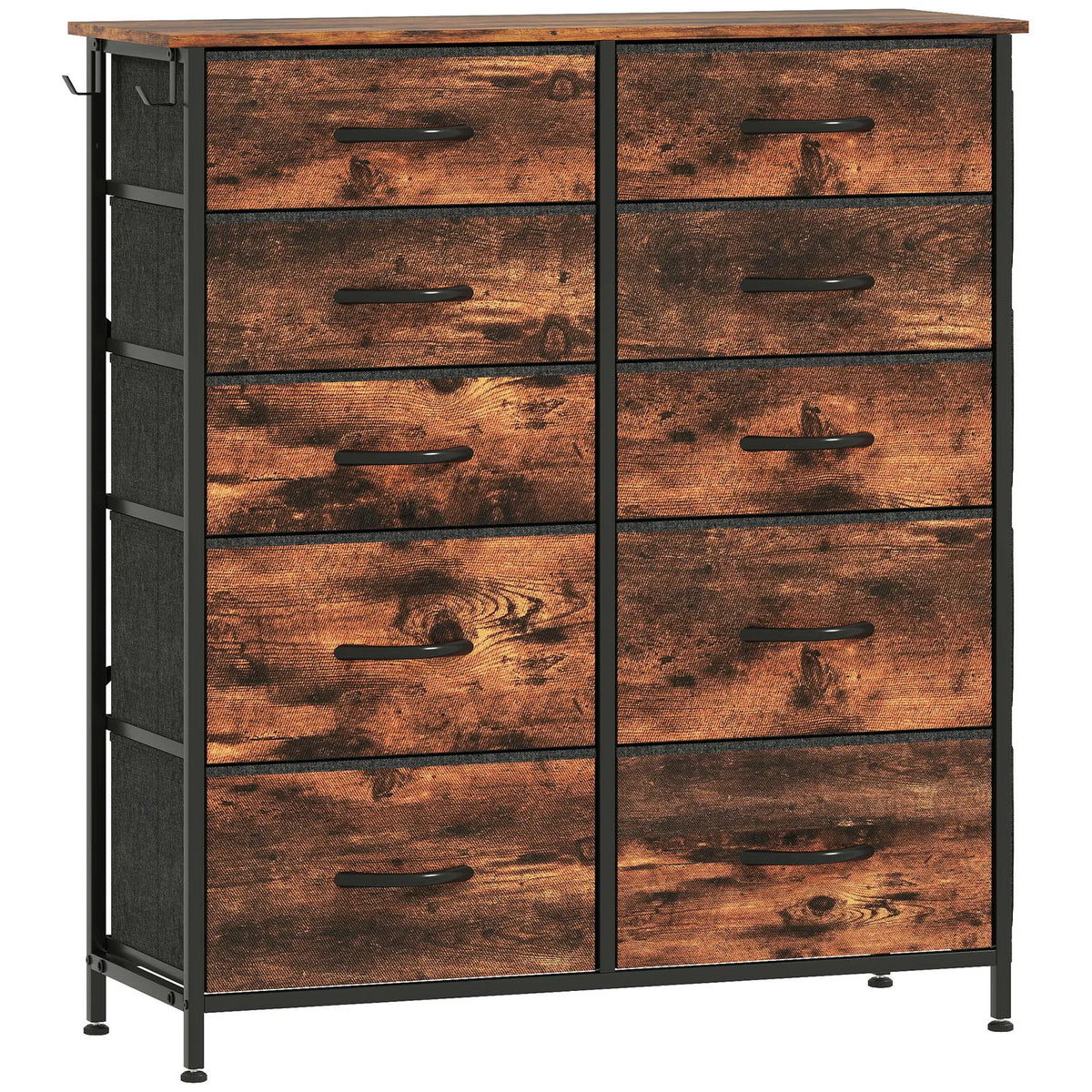 HOMCOM Fabric Chest of 10 Drawers with Steel Frame, Pockets and Hooks – Bedroom Storage Unit, Rustic Brown