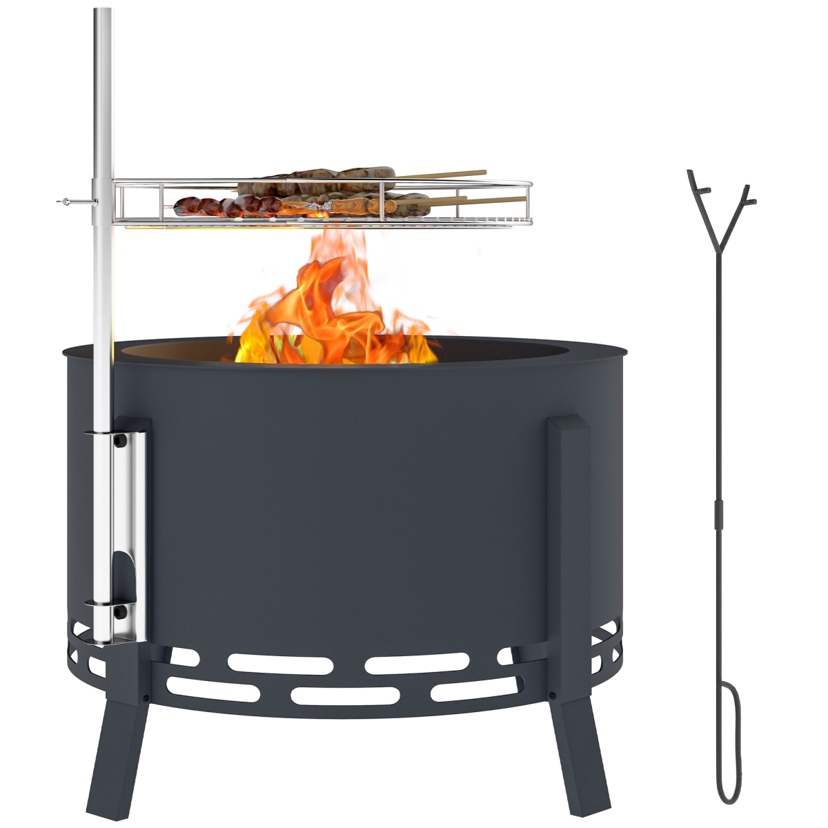 Outsunny Portable Fire Pit with Grill Grate and Poker, 58cm Round Steel Firepit – Garden BBQ Pit, Black