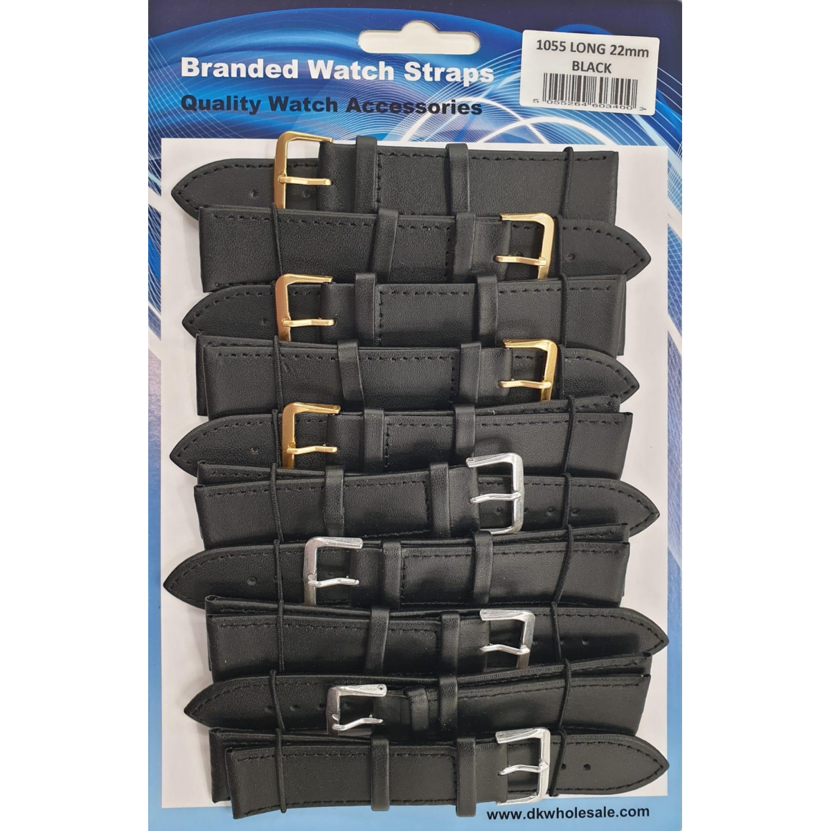 DK Extra Long Leather Watch Straps, Pack of 10 – 22mm Width, Black Replacement Watch Bands, Model 1055.05