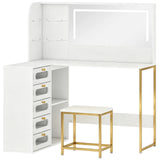 HOMCOM L-Shaped Dressing Table with LED Mirror, Stool, 5 Drawers and Glass Shelves – Bedroom Vanity, White