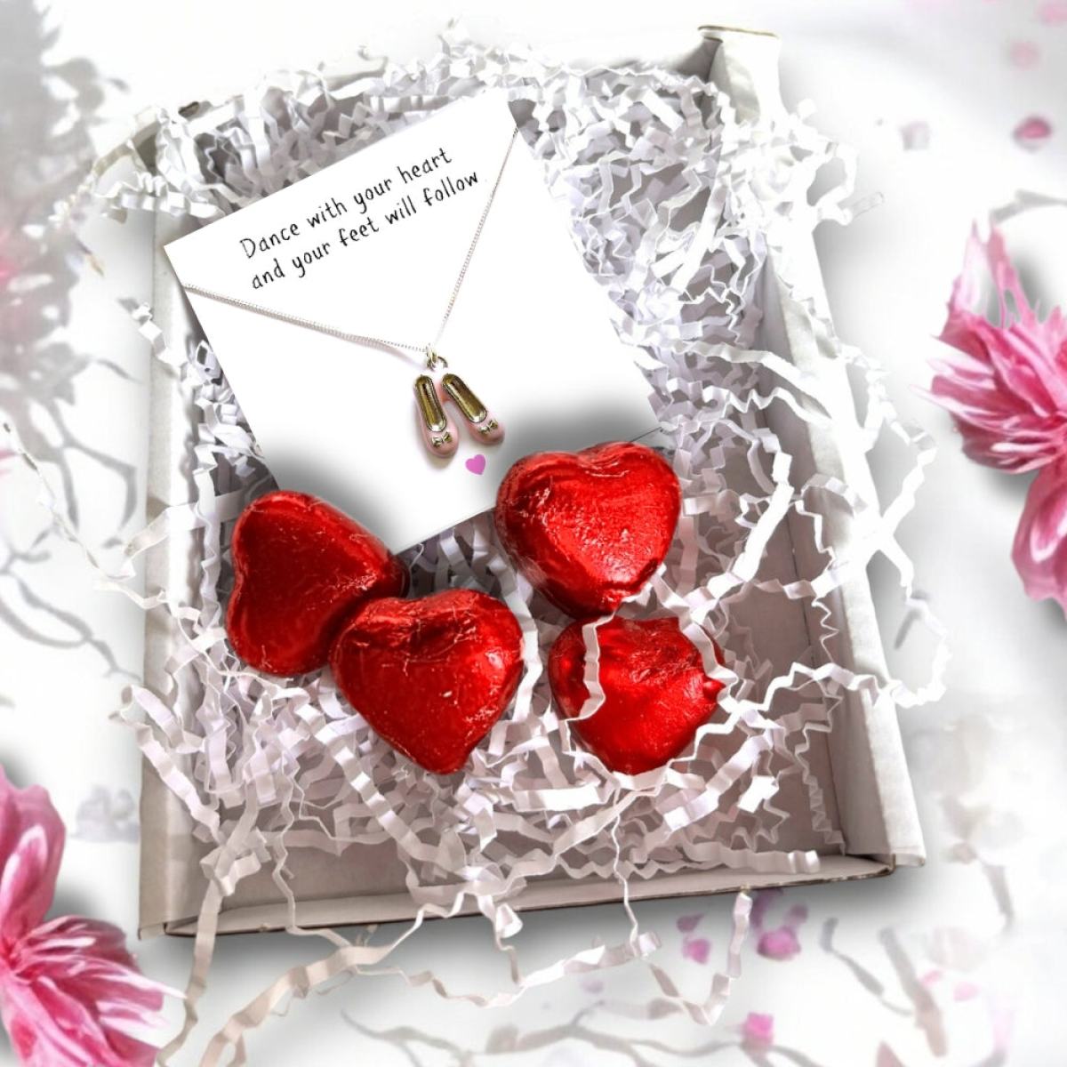 Aye Do Gifts Ballet Shoes Charm Necklace Mini Gift Hamper – Sterling Silver with Chocolate Hearts, Girls' Gift