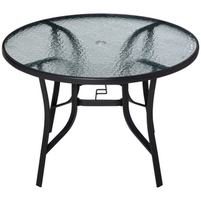 Round glass garden dining table with parasol hole