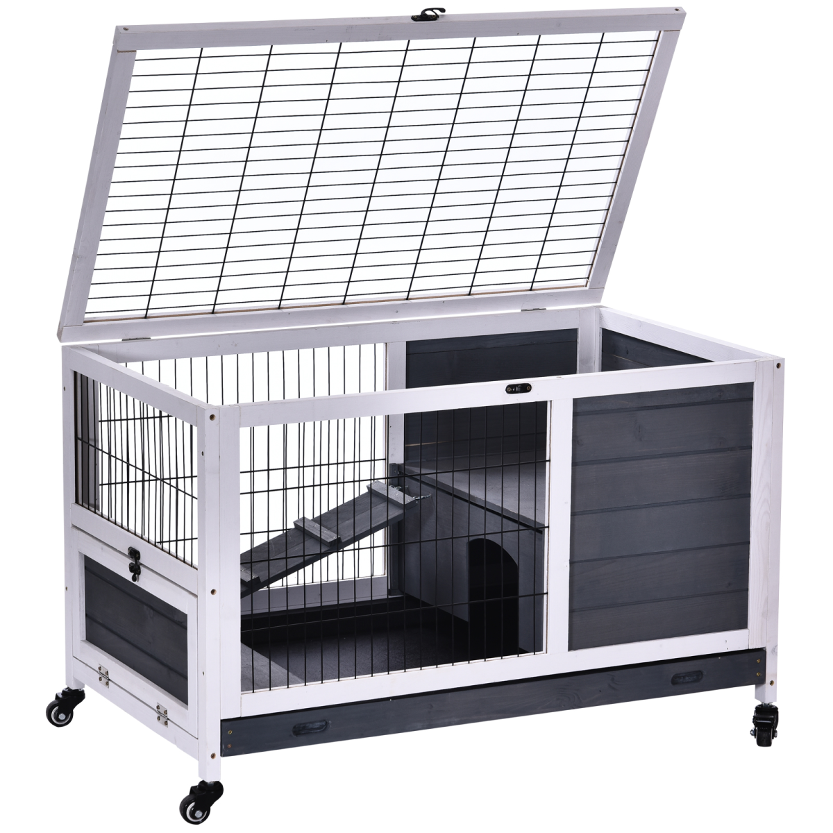 PawHut Indoor Two-Floor Wooden Rabbit Hutch with Wheels, Ramp & Pull-Out Tray – Guinea Pig Cage