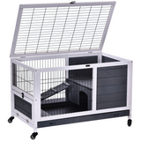 PawHut Indoor Two-Floor Wooden Rabbit Hutch with Wheels, Ramp & Pull-Out Tray – Guinea Pig Cage