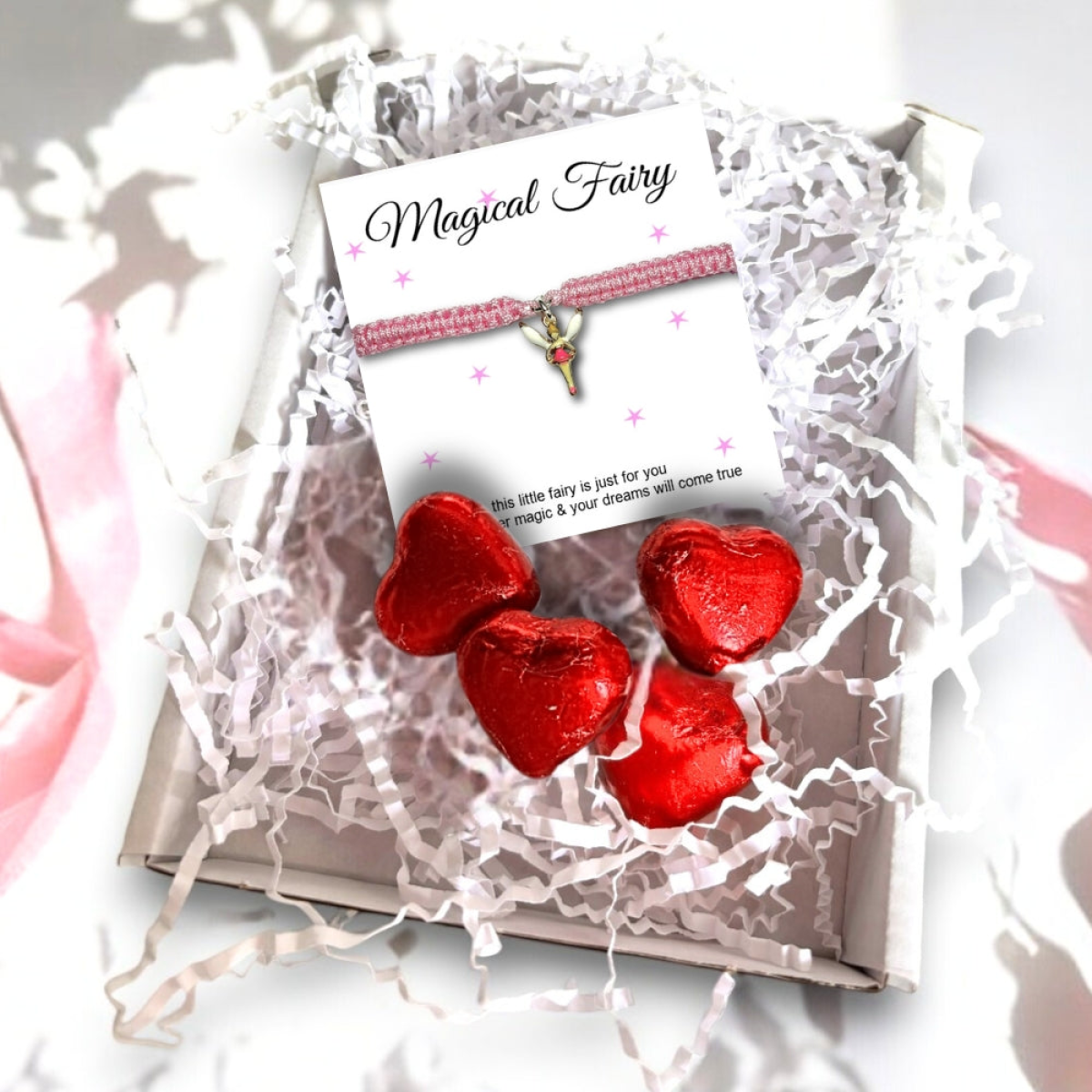 Aye Do Gifts Magical Fairy Girls Bracelet Mini Gift Hamper with Pink Cord Bracelet & Chocolate Hearts