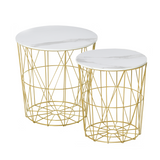 HOMCOM Set of 2 Nesting Side Tables with Marble-Effect Removable Top and Basket – Gold Steel Frame, White