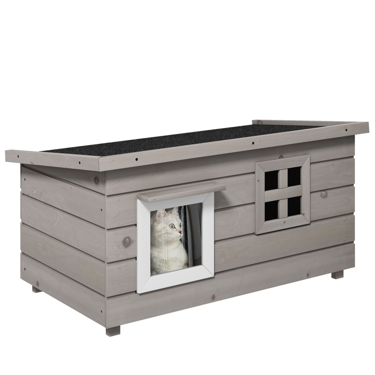 PawHut Wooden Cat House for Outdoors with Openable Asphalt Roof & Window – Elevated Shelter, Grey