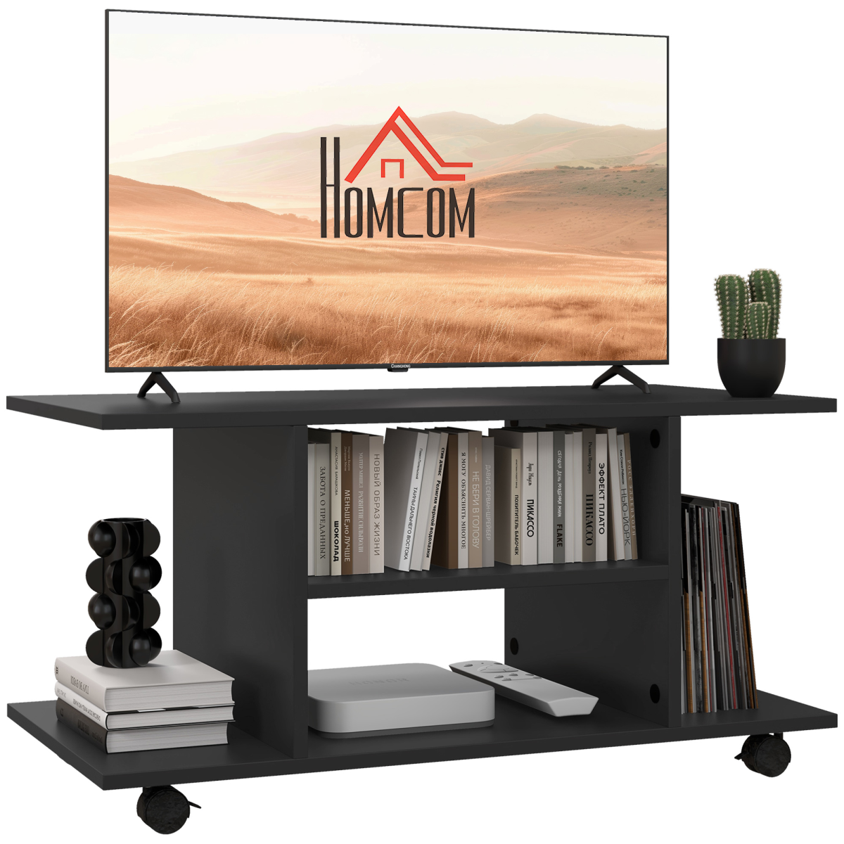 HOMCOM Mobile TV Stand Bookshelf with 3 Tiers and Lockable Castor Wheels – Modern Storage Cabinet, Black