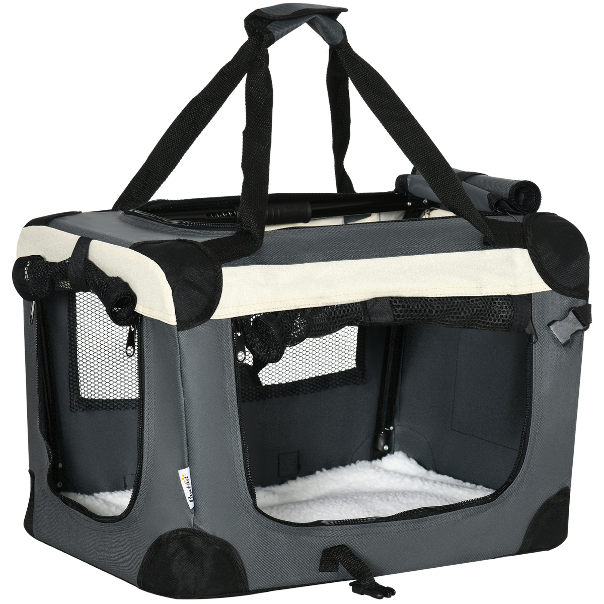 Pawhut 51cm Foldable Pet Carrier with Cushion, 3 Doors & Mesh Windows – For Mini Dogs and Cats, Grey