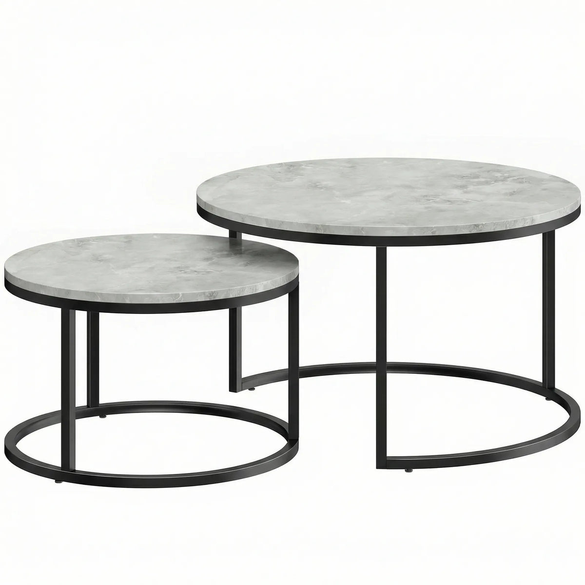 HOMCOM Set of 2 Round Nesting Coffee Tables with Marble-Effect Top & Steel Frame – Stacking Side Tables, Grey