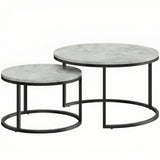 HOMCOM Set of 2 Round Nesting Coffee Tables with Marble-Effect Top & Steel Frame – Stacking Side Tables, Grey