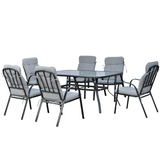 Outsunny 7-Piece Garden Dining Set with Glass-Top Table, Umbrella Hole & Cushioned Chairs – Steel Frame, Black