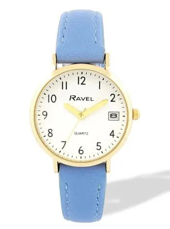 Ravel Ladies Gold-Tone Dated Watch with White Dial and Blue Faux Leather Strap