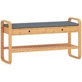 HOMCOM Bamboo Shoe Bench with 2 Drawers and Cushioned Seat – 105 cm, Natural and Grey