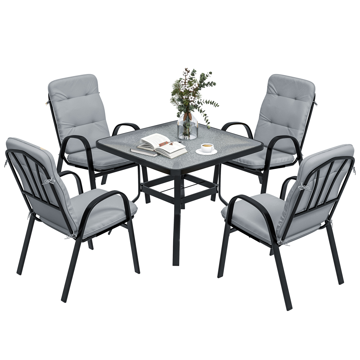 Outsunny 5-Piece Garden Dining Set with Glass-Top Table, Umbrella Hole & 4 Cushioned Chairs – Patio Furniture