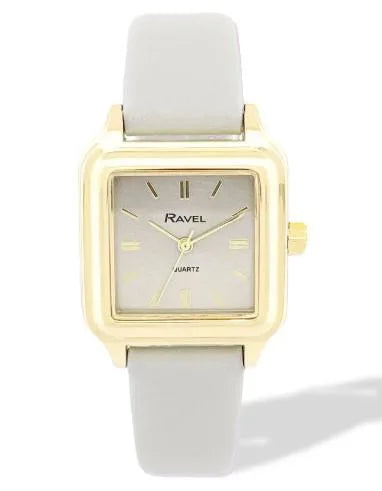 Ravel Ladies Summertime Square Gold-Tone Watch with Grey Faux Leather Strap, 28mm