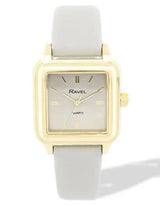 Ravel Ladies Summertime Square Gold-Tone Watch with Grey Faux Leather Strap, 28mm