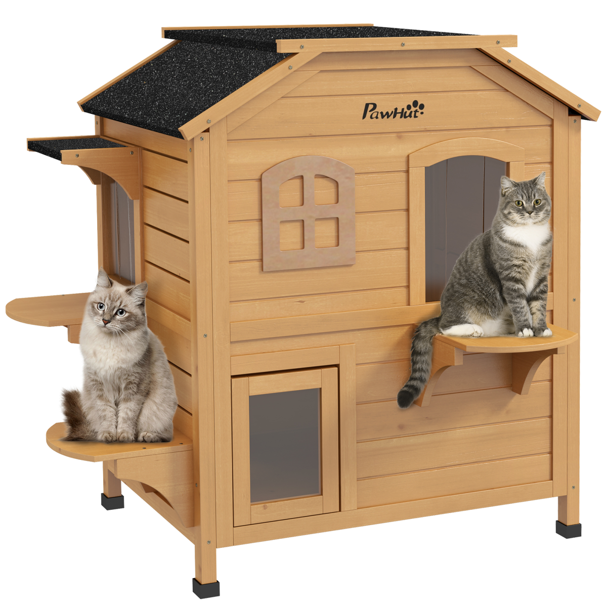 PawHut Wooden Two-Floor Cat House for Outdoor Use with Openable Roof – Natural Fir Wood Cat Shelter