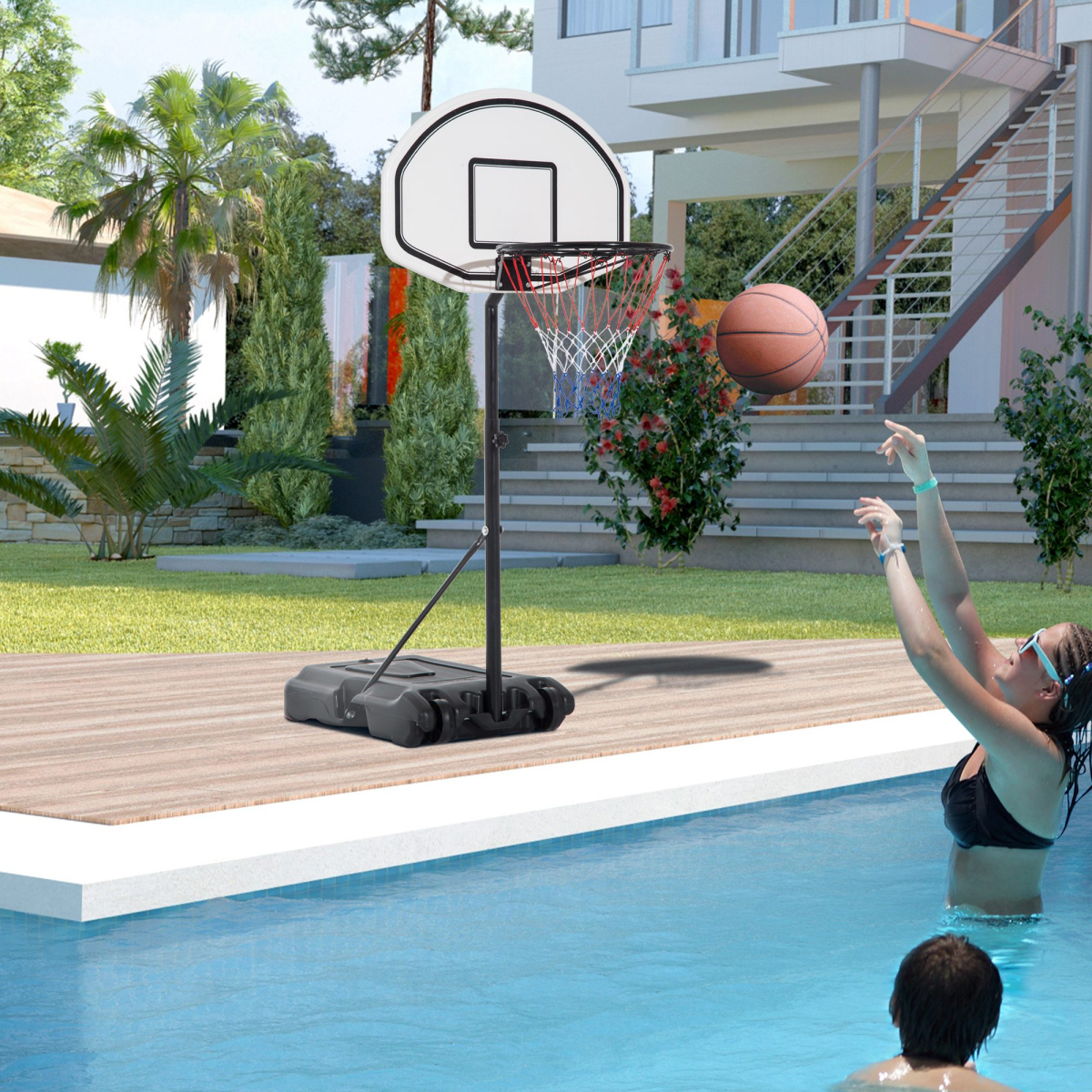 Kids Pool Basketball Hoop with Adjustable Height 37–48.5" & Weighted Base – Poolside Water Game