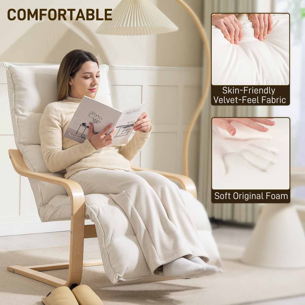 Rocking Lounge Chair with 5-Position Adjustable Footrest & Birch Wood Frame – Velvet-Feel Armchair, Cream White