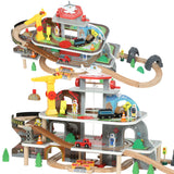 AIYAPLAY 79 Piece Wooden Train Set with Crane, Lift and Helipad – Mine-Themed Kids Train Track Toy
