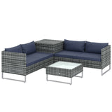 Outsunny 4 Piece Rattan Corner Sofa Set – Two Loveseats, Storage Table and Glass Coffee Table with Cushions, Dark Blue