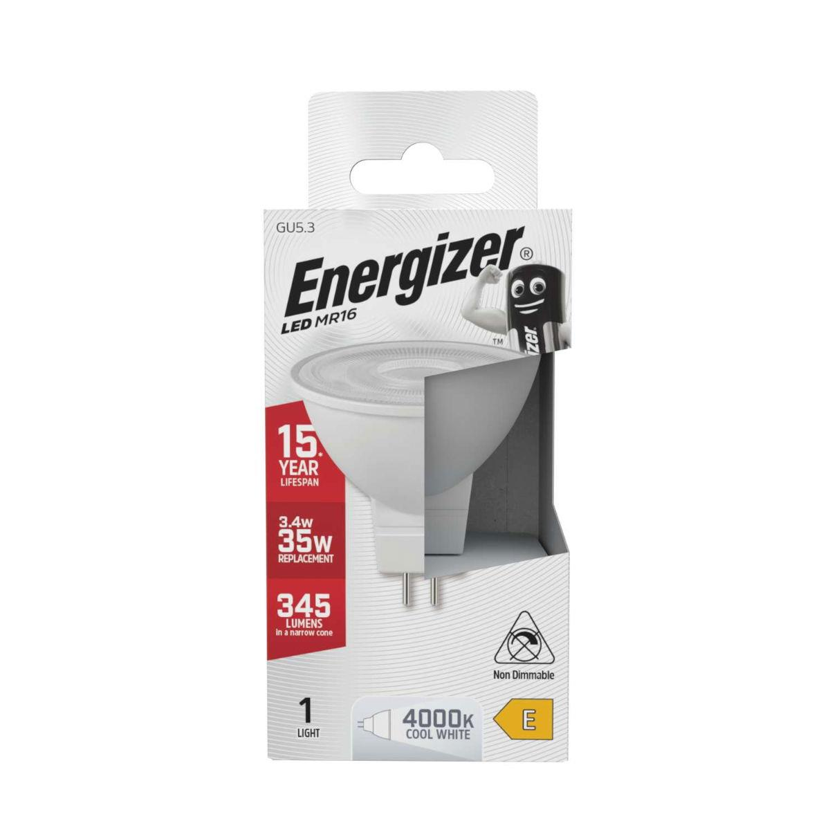 Energizer LED MR16 GU5.3 Bulb, 3.4W 345lm – 35W Equivalent Non-Dimmable Spotlight, Cool White 4,000K