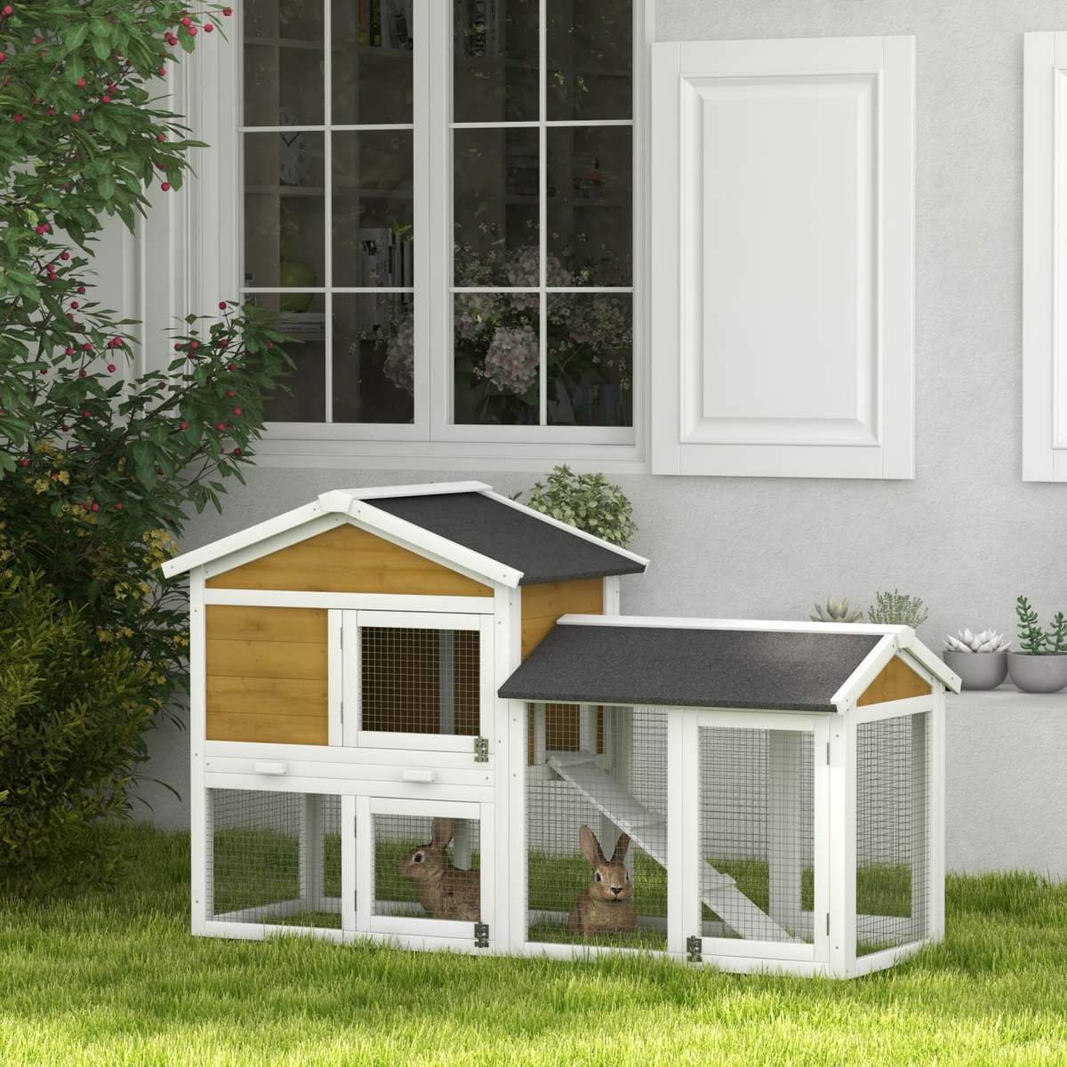 2-Storey Wooden Rabbit Hutch with Run, Slide-Out Tray & Ramp – Indoor/Outdoor Fir Wood Small Animal Cage