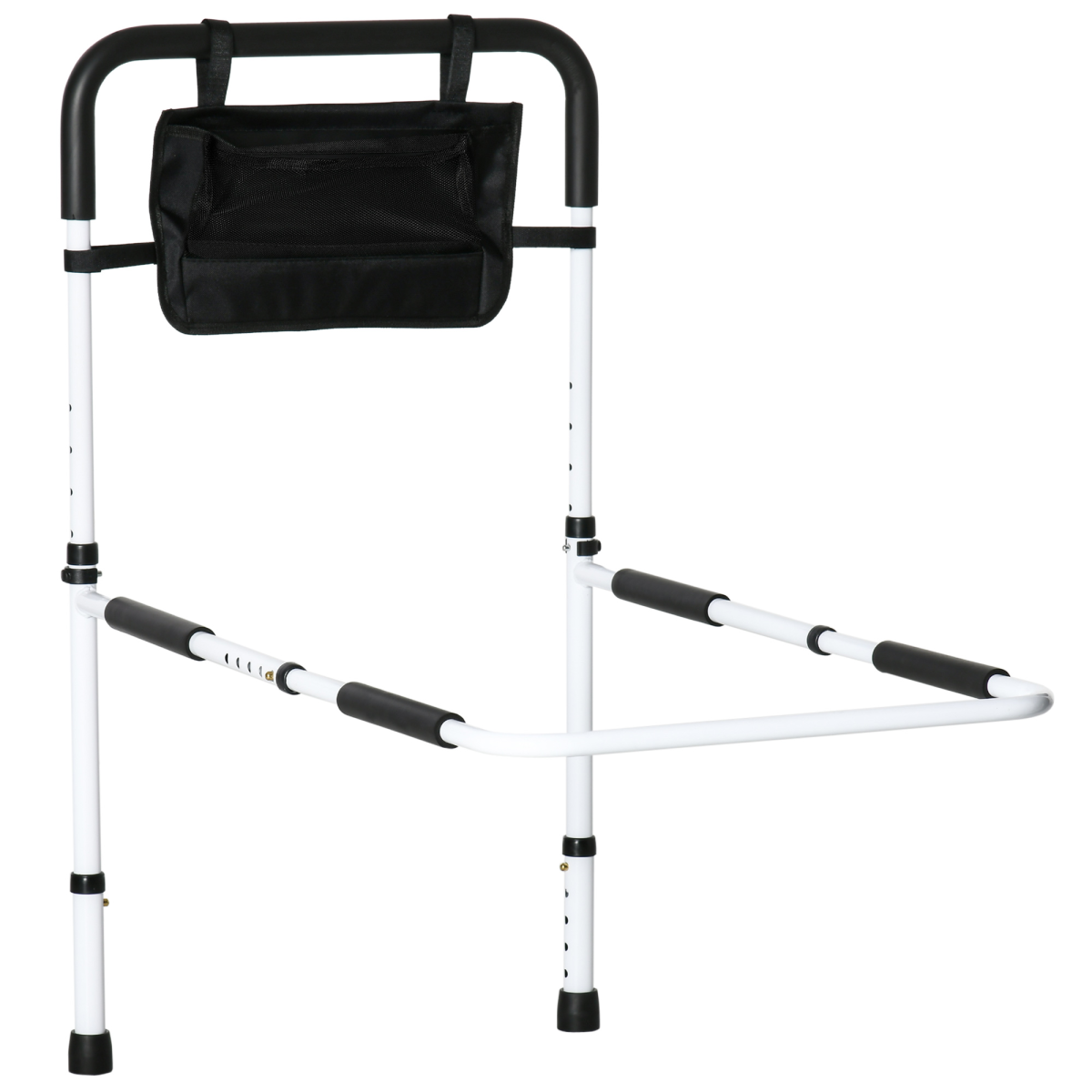 Adjustable Bed Assist Rail Grab Bar with Side Pocket & Foam Grip – Safety Handle for Flat-Frame Beds, White