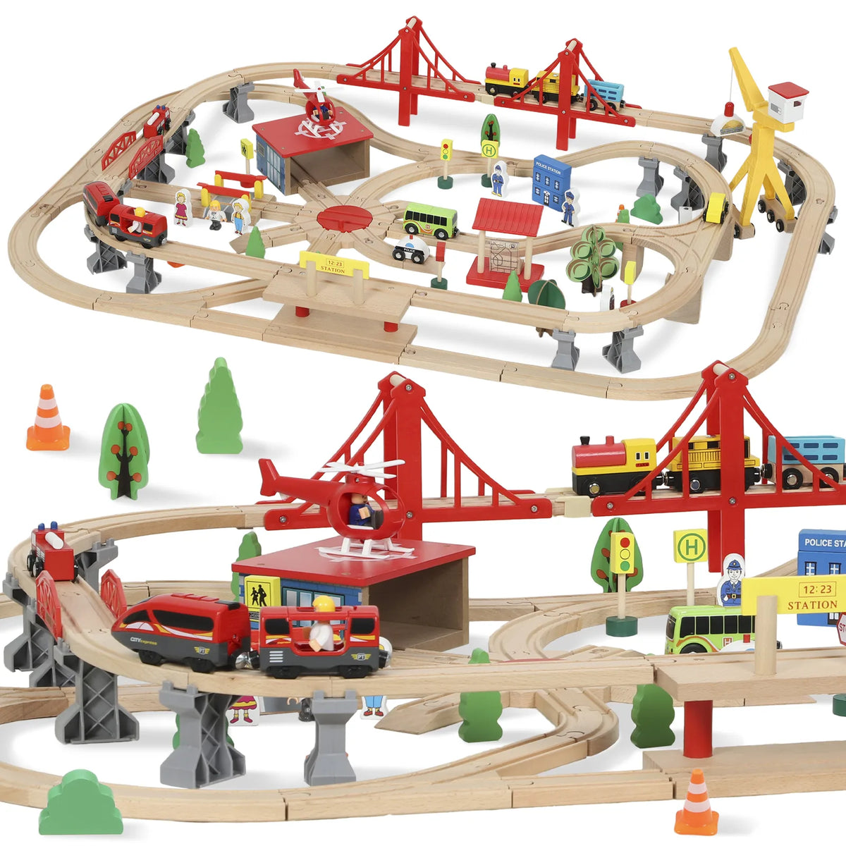 AIYAPLAY 133-Piece Wooden Train Set with Battery-Powered Engine, Crane & Storage Box – Toy Train for Ages 3+