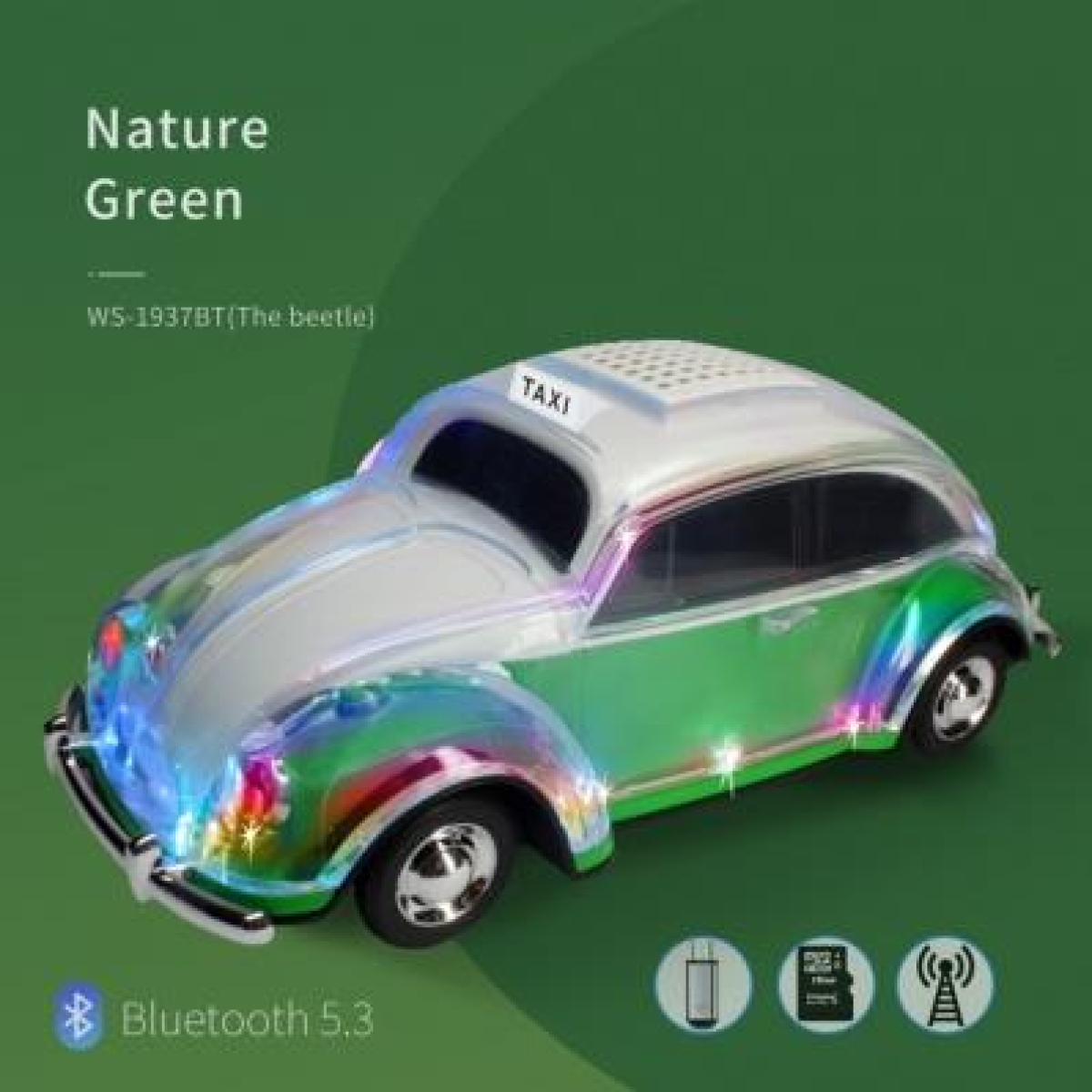 WSTER Beetle Car Speaker with Lamp – Bluetooth 5.3, FM Radio, USB & TF Card Playback, Green