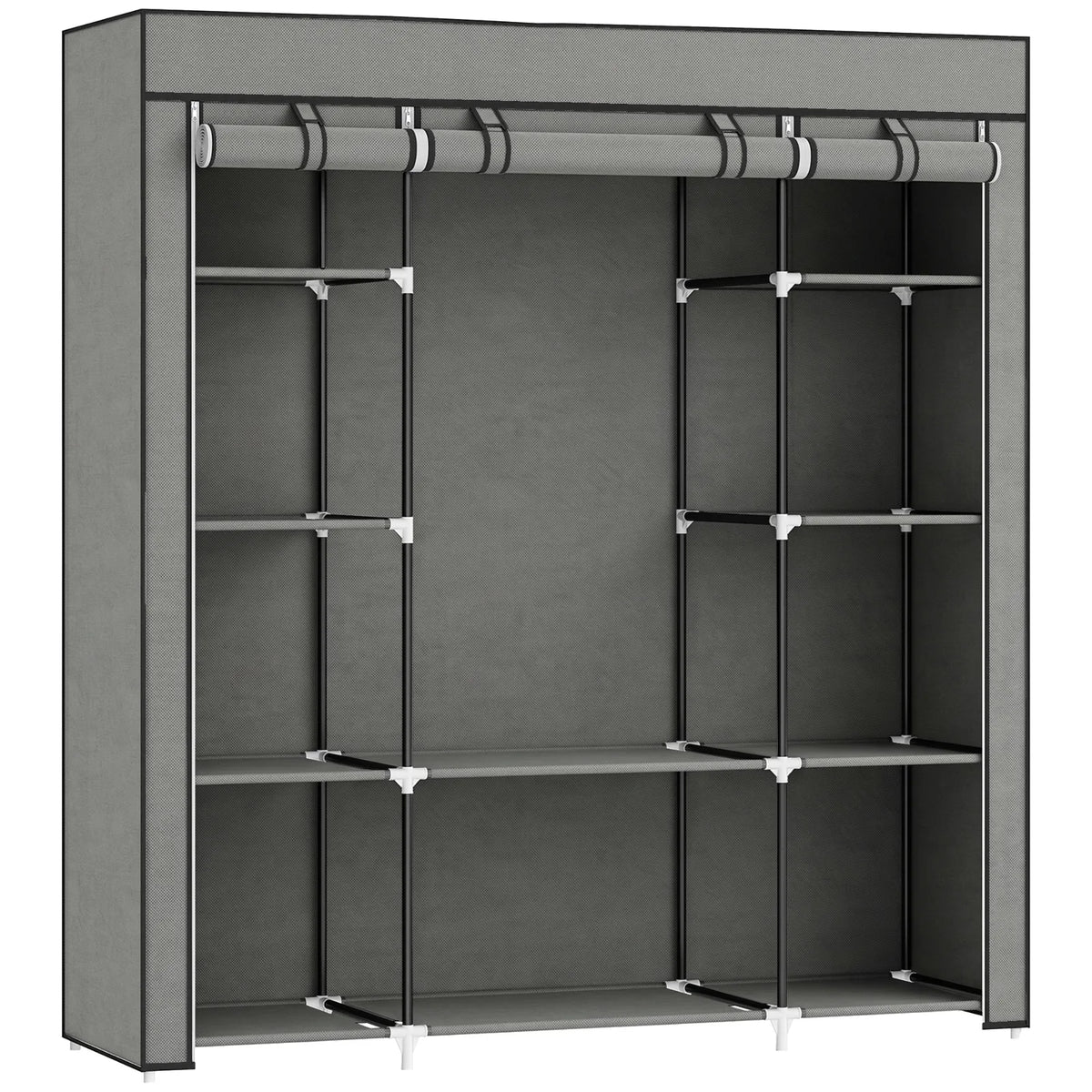 HOMCOM Portable Fabric Wardrobe with Hanging Rail, 10 Shelves and Roll-Up Doors – Foldable Clothes Storage, Dark Grey