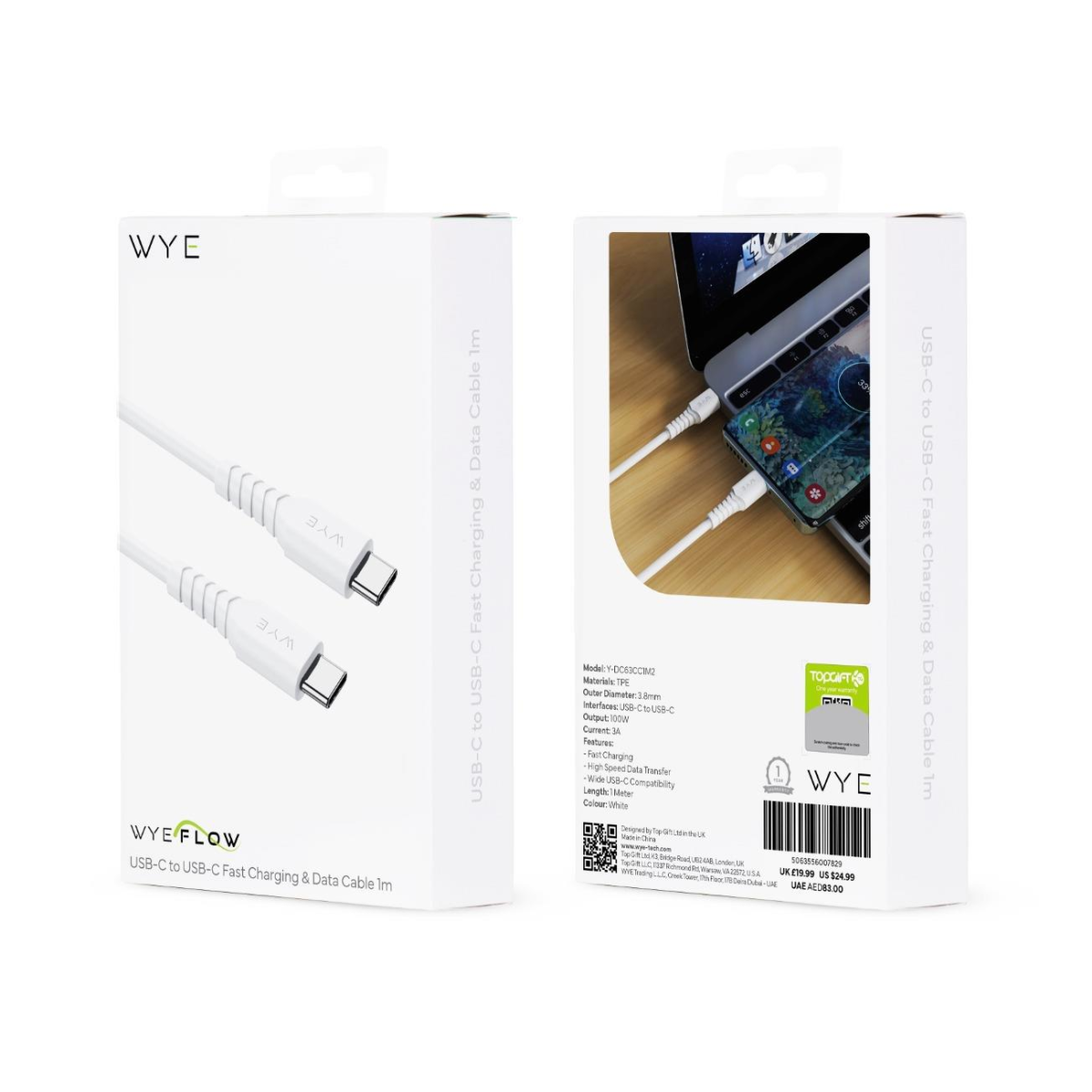 WYE USB-C to USB-C Fast Charging & Data Cable, 1m – 100W Output, White