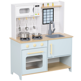 AIYAPLAY Play Kitchen with Light & Sound Stove, Microwave, Oven & Sink – Kids Kitchen Playset, Blue and White