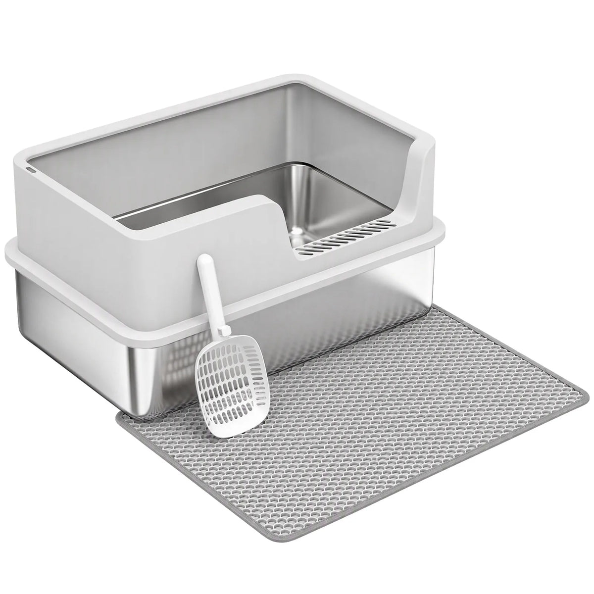 PawHut XL Stainless Steel Cat Litter Tray with Lid, Scoop and Mat – High-Sided Litter Box, Light Grey